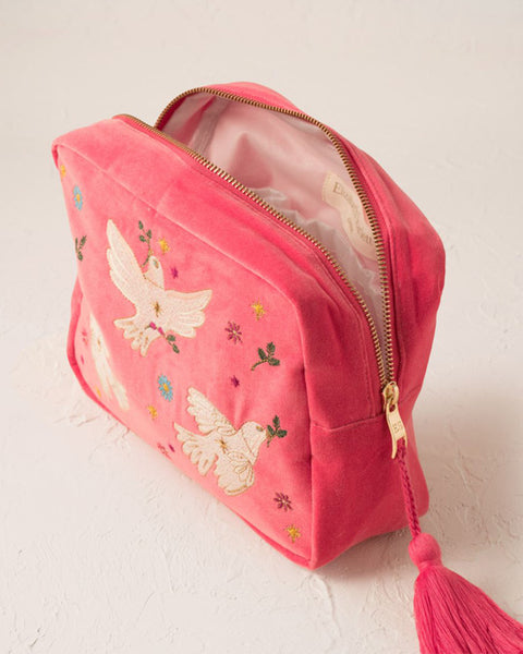 Doves of Peace Velvet Wash Bag - Spiced Coral