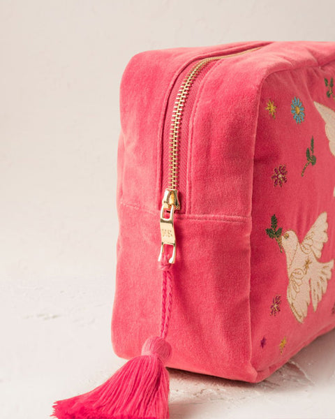Doves of Peace Velvet Wash Bag - Spiced Coral