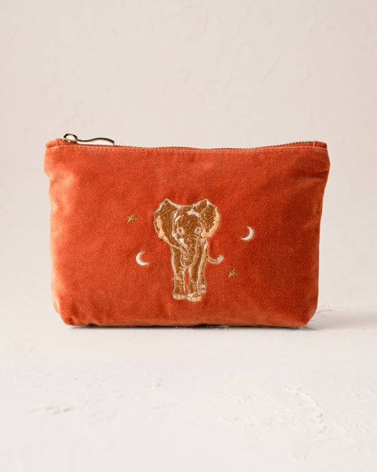 Golden Elephants Velvet Mini Pouch - Rust