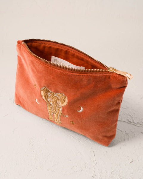 Golden Elephants Velvet Mini Pouch - Rust