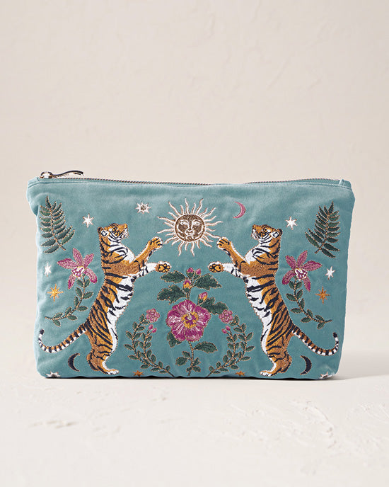 Celestial Tigers Velvet Everyday Pouch - Dusky Teal