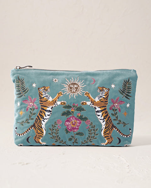 Celestial Tigers Velvet Everyday Pouch - Dusky Teal