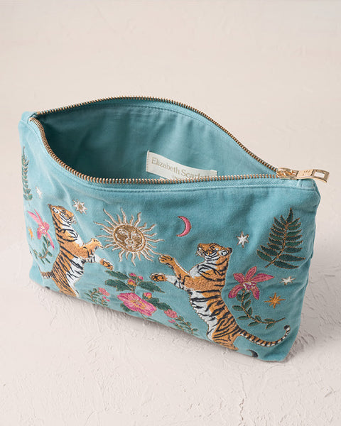 Celestial Tigers Velvet Everyday Pouch - Dusky Teal