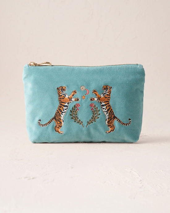 Celestial Tigers Velvet Mini Pouch - Dusky Teal