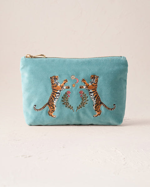 Celestial Tigers Velvet Mini Pouch - Dusky Teal