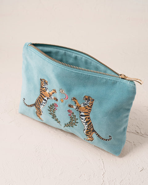 Celestial Tigers Velvet Mini Pouch - Dusky Teal