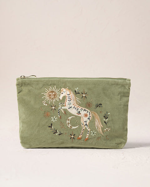 Mystical Horse Velvet Everyday Pouch Olive