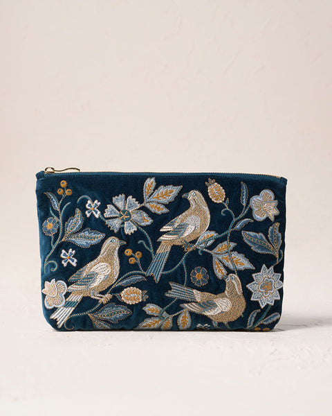 Botanical Birds Velvet Everyday Pouch Ink Blue