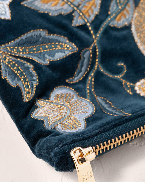 Botanical Birds Velvet Everyday Pouch Ink Blue