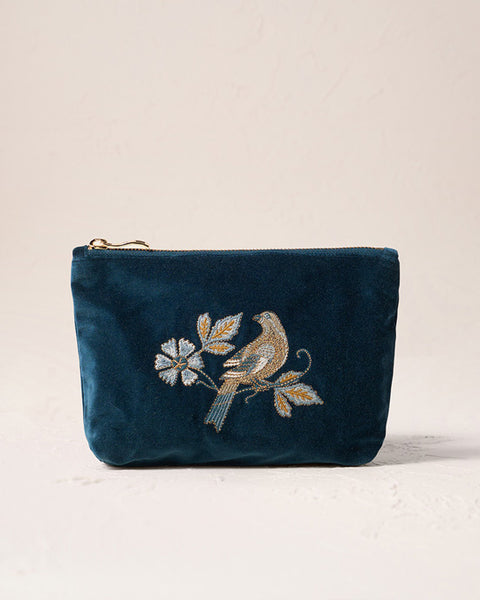 Botanical Birds Velvet Mini Pouch Ink Blue