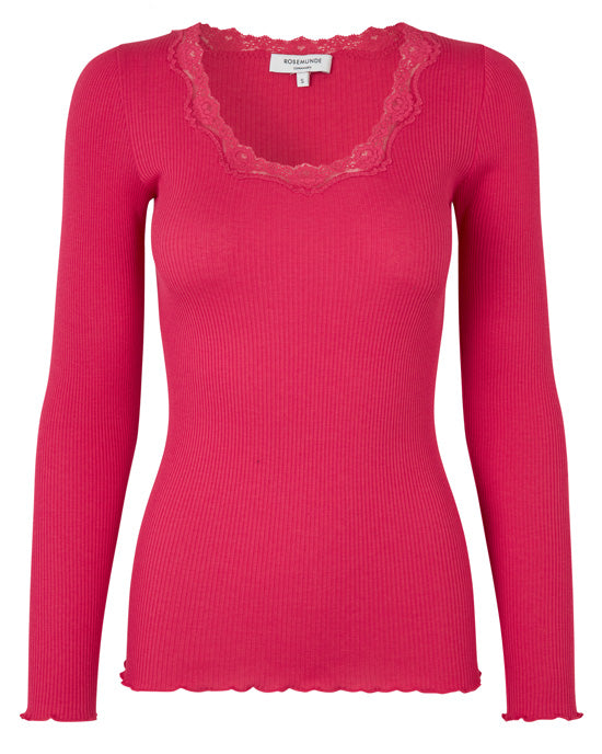 Silk top long sleeve w Lace Pink Berry