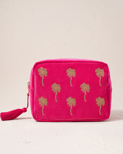 Gold Palm Pink Velvet Wash Bag