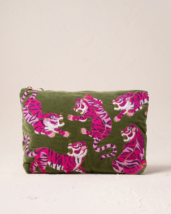 Wild Tiger Fern Green Velvet Everyday Pouch