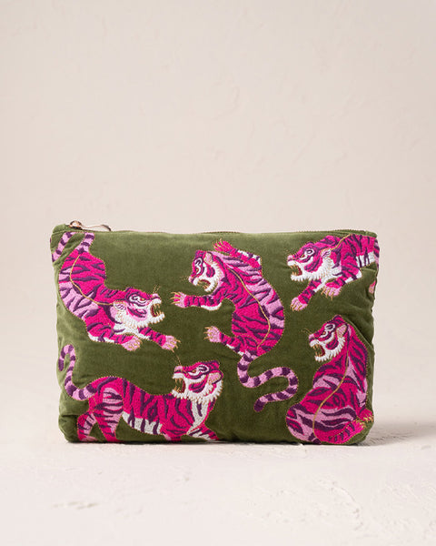 Wild Tiger Fern Green Velvet Everyday Pouch