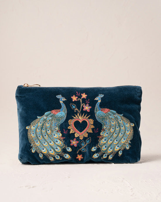 Peacock Floral Ink Blue Velvet Everyday Pouch