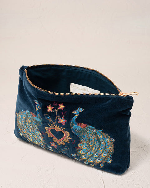 Peacock Floral Ink Blue Velvet Everyday Pouch