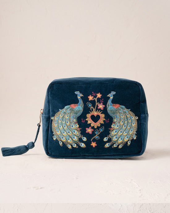 Peacock Floral Ink Blue Velvet Wash Bag