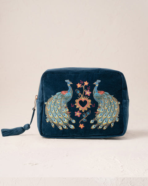 Peacock Floral Ink Blue Velvet Wash Bag
