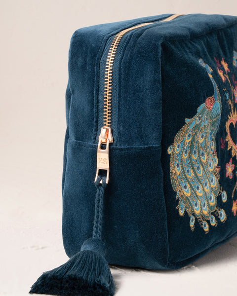Peacock Floral Ink Blue Velvet Wash Bag