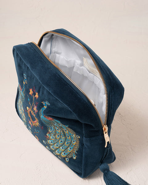 Peacock Floral Ink Blue Velvet Wash Bag