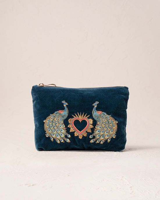 Peacock Floral Ink Blue Velvet Mini Pouch