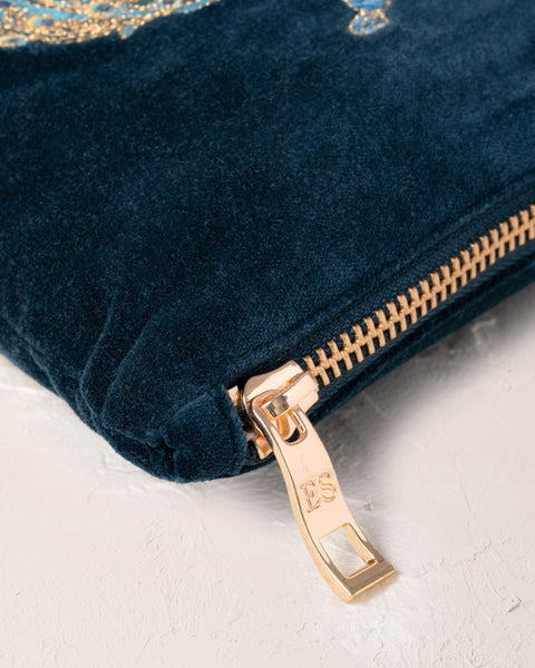 Peacock Floral Ink Blue Velvet Mini Pouch