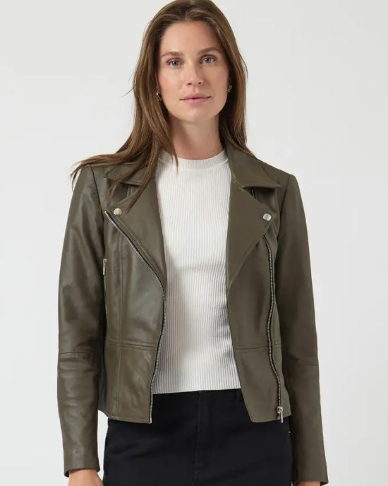 Yassophie Leather Jacket Dark Olive