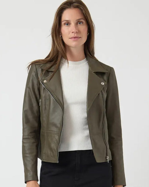 Yassophie Leather Jacket Dark Olive