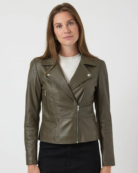 Yassophie Leather Jacket Dark Olive