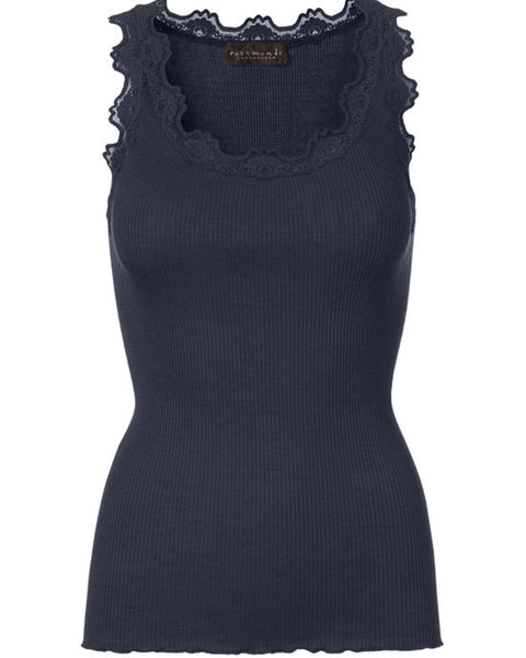 Classic silk top w Lace Navy - shopatstocks