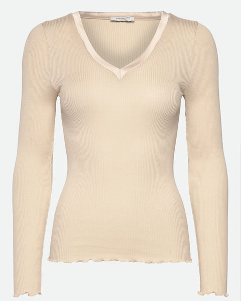 Beatha Silk V-Neck Satin Tape T-Shirt Rainy Day