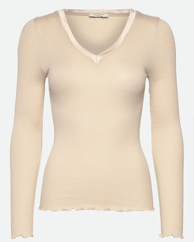 Beatha Silk V-Neck Satin Tape T-Shirt Rainy Day