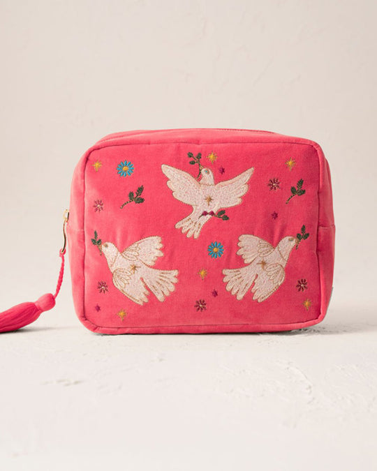 Doves of Peace Velvet Wash Bag - Spiced Coral