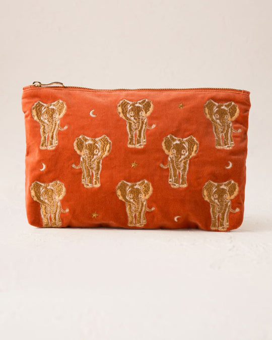 Golden Elephants Velvet Everyday Pouch - Rust