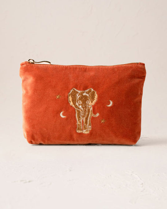 Golden Elephants Velvet Mini Pouch - Rust