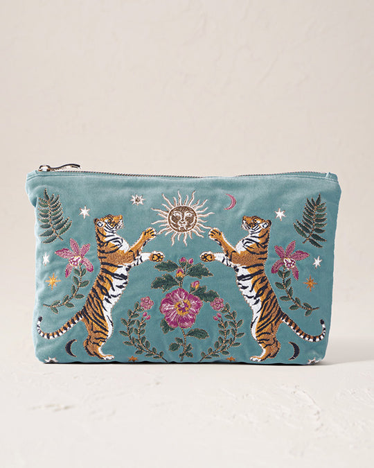 Celestial Tigers Velvet Everyday Pouch - Dusky Teal