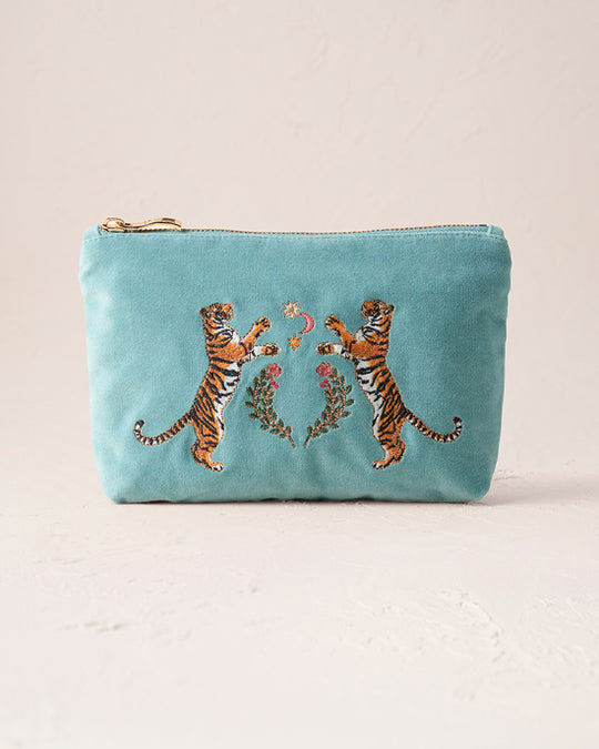 Celestial Tigers Velvet Mini Pouch - Dusky Teal