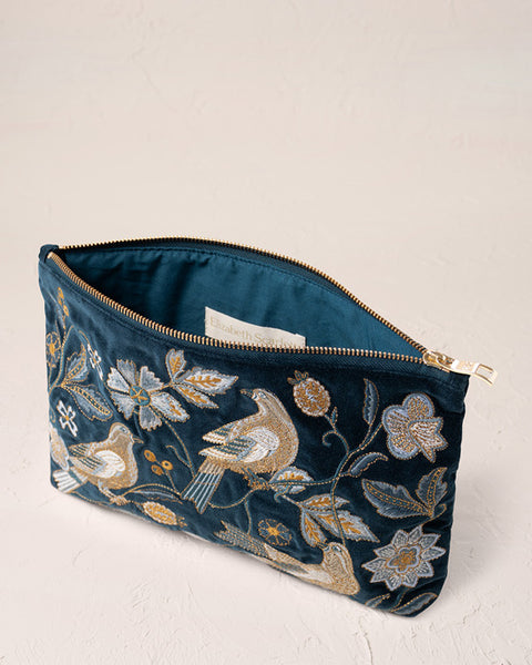 Botanical Birds Velvet Everyday Pouch Ink Blue