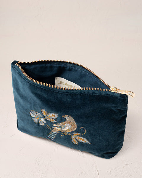 Botanical Birds Velvet Mini Pouch Ink Blue