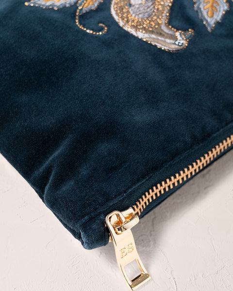Botanical Birds Velvet Mini Pouch Ink Blue