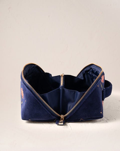 Rose Velvet Open Flat Makeup Bag - Navy