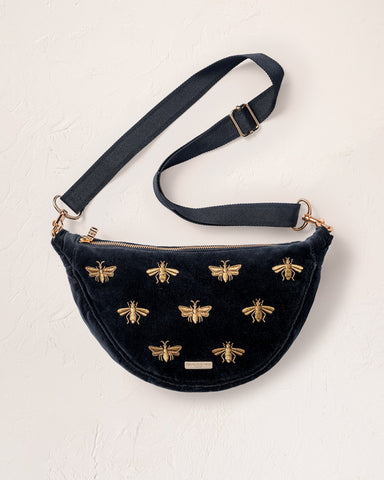Honey Bee Velvet Crossbody Sling Bag Charcoal