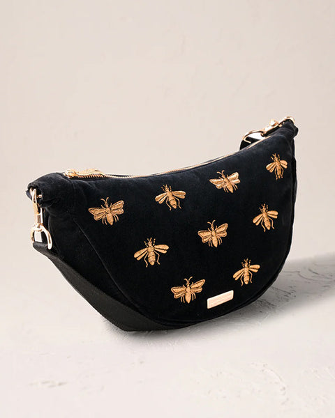 Honey Bee Velvet Crossbody Sling Bag Charcoal