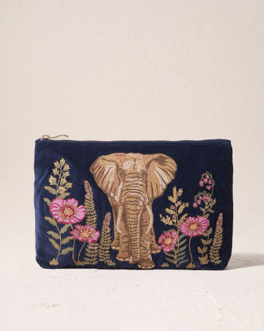 Botanical Elephant Velvet Everyday Pouch - Navy