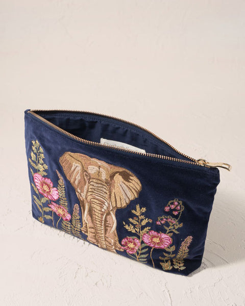 Botanical Elephant Velvet Everyday Pouch - Navy