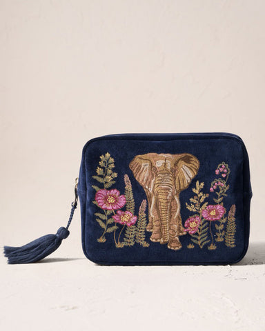 Botanical Elephant Velvet Wash Bag - Navy