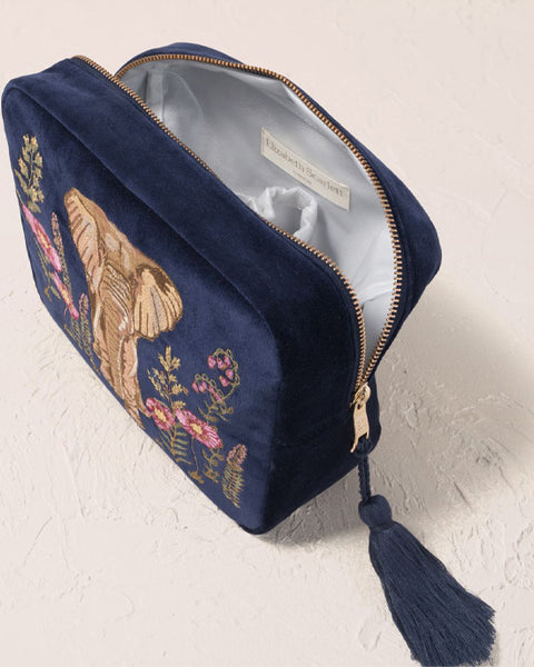 Botanical Elephant Velvet Wash Bag - Navy