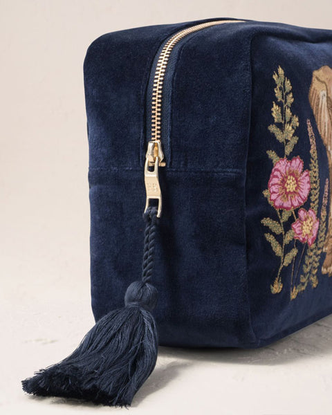 Botanical Elephant Velvet Wash Bag - Navy