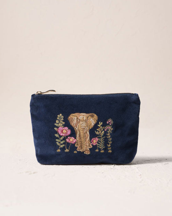 Botanical Elephant Velvet Mini Pouch - Navy