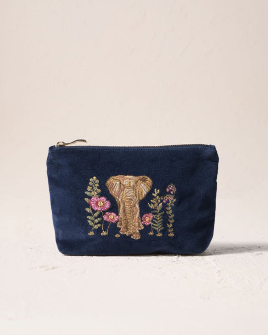 Botanical Elephant Velvet Mini Pouch - Navy